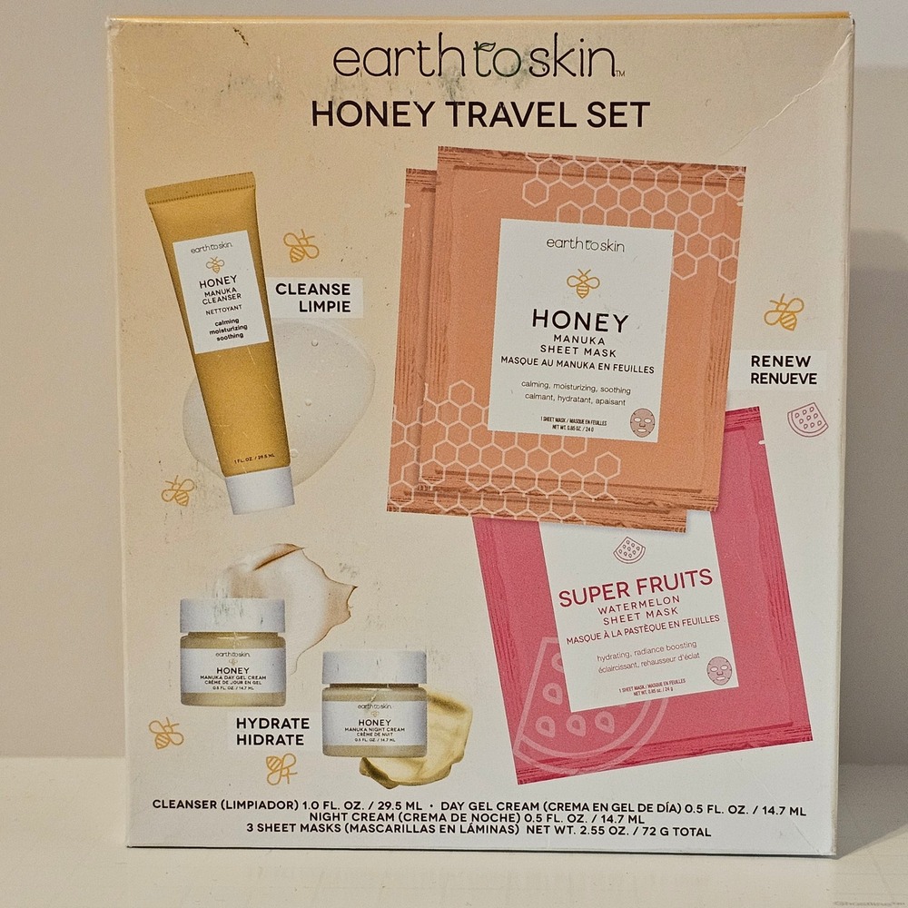 NEW Earth to Skin Honey Travel Set Cleanser Day Cream Night Cream Sheet Masks